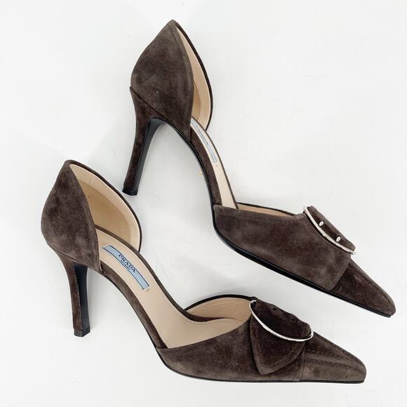 Prada IT 40 Graphite Suede D’Orsay Pumps with Oversized Buckle New with Box - Picture 4 of 13